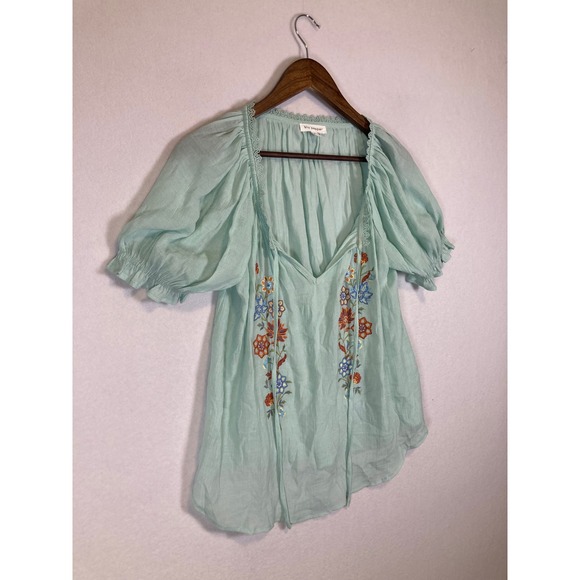 Romantic Boho Blu Pepper Women Large Mint Green Embroidered Boho Peasant Blouse - Picture 9 of 9